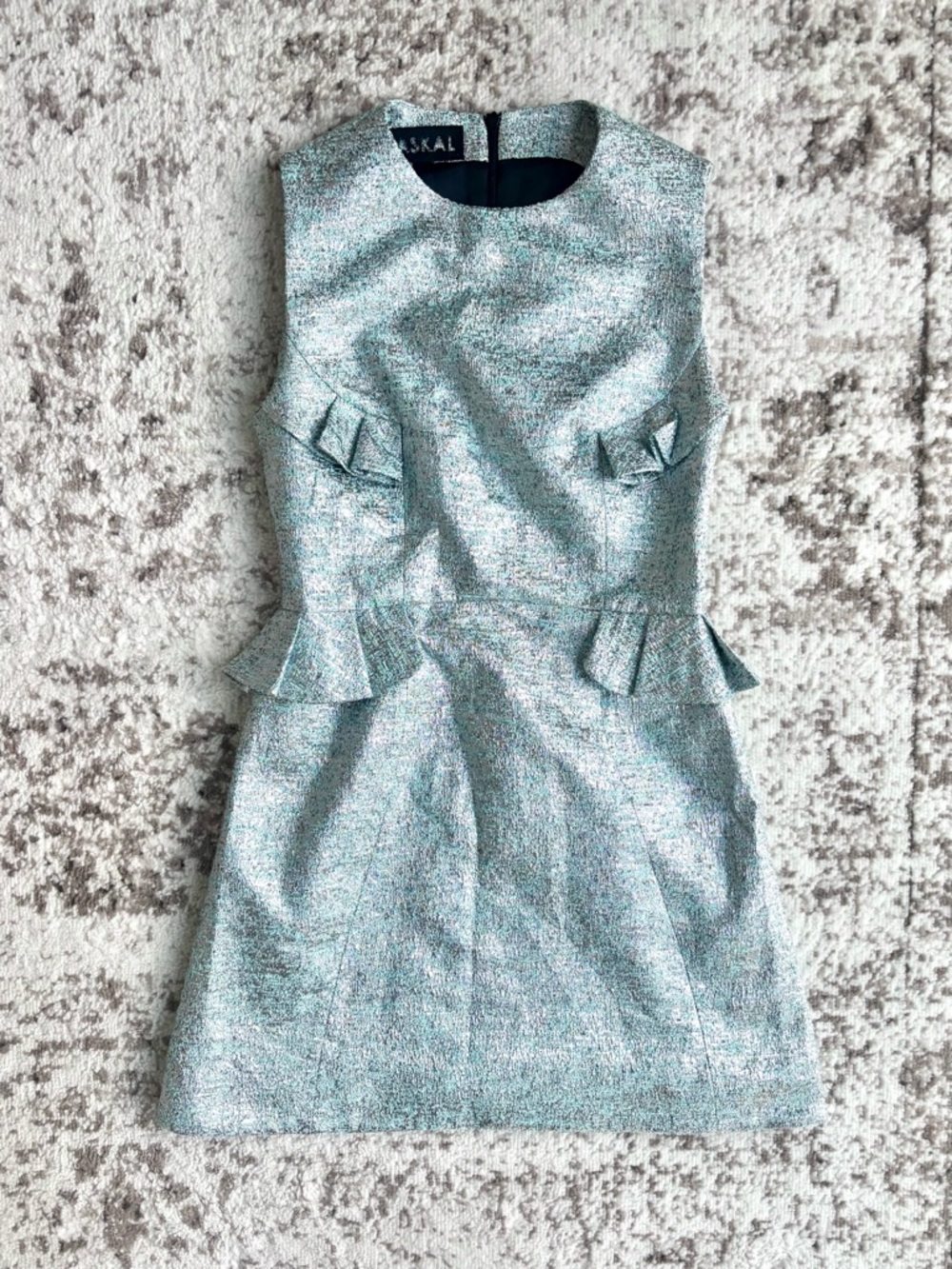 PASKAL Shimmer Sparkly Tweed Peplum Sheath Aqua Blue Silver Prom/Wedding Dress